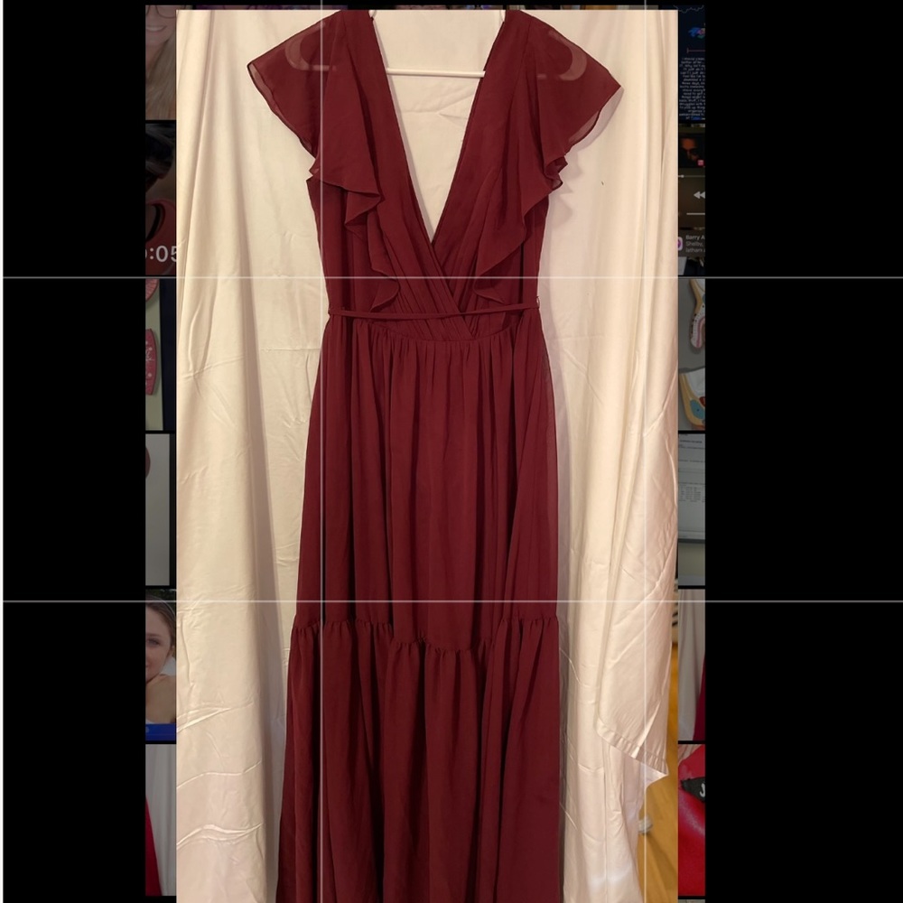 Burgundy/maroon dress.